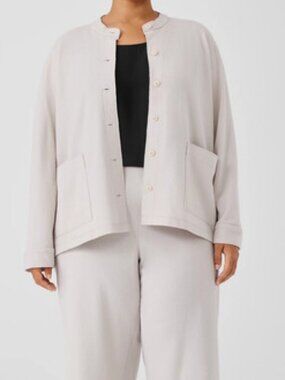 Eileen Fisher Boiled Wool Jersey Mandarin Collar Shirt Jacket, in Chalk, Sz 1X